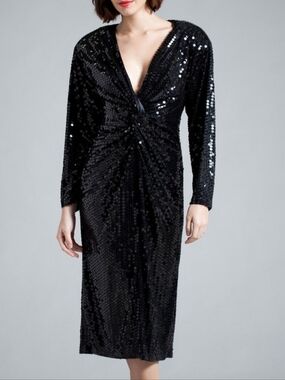 NITE Line Twist Front Deep V Sequin Midi Dress